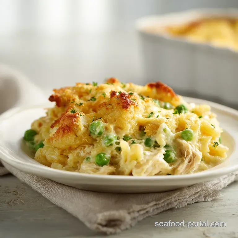 Individual serving of tuna casserole in a ramekin, steam rising, garnished with fresh parsley, hinting at comforting warmt...