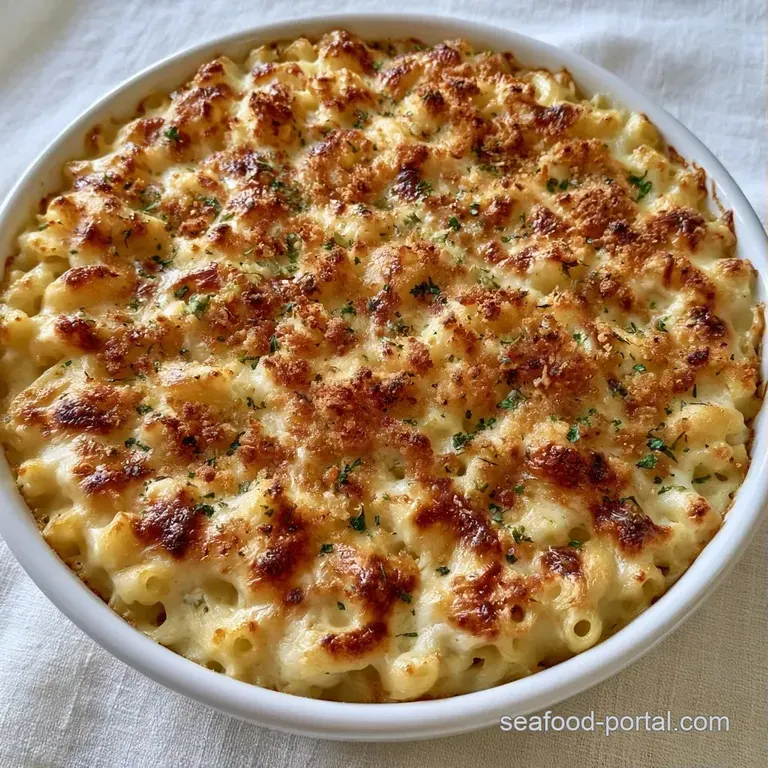 Creamy pasta mixed with tuna and peas, topped with a crisp golden crust, served on a minimalist white ceramic plate