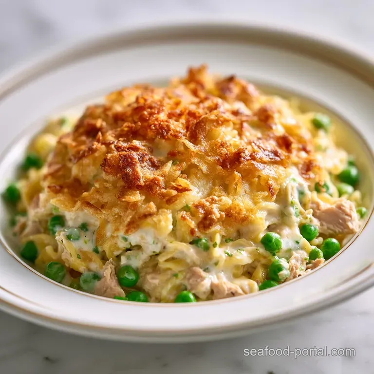 A neat slice of golden-topped creamy casserole served on a minimalist ceramic plate with a sprig of fresh parsley.
