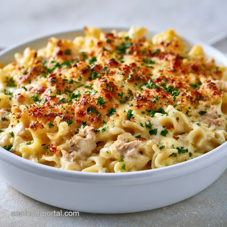 A scoop of creamy pasta with golden crust served in a white ceramic bowl, garnished with a sprig of fresh parsley.