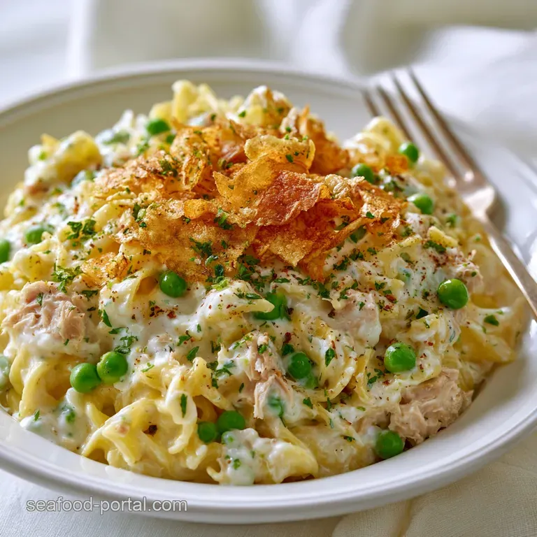 A creamy scoop of pasta topped with crispy golden chips on a white plate, garnished with a sprig of fresh parsley.