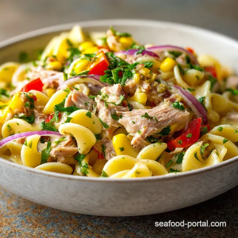 Elegant portion of tuna pasta salad, garnished with fresh dill sprigs. Creamy texture contrasts with the bright green acce...