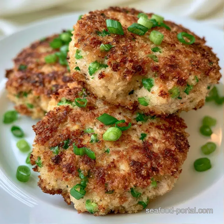 Three golden-brown fish cakes stacked neatly on a ceramic plate, garnished with sliced scallions and creamy sauce.