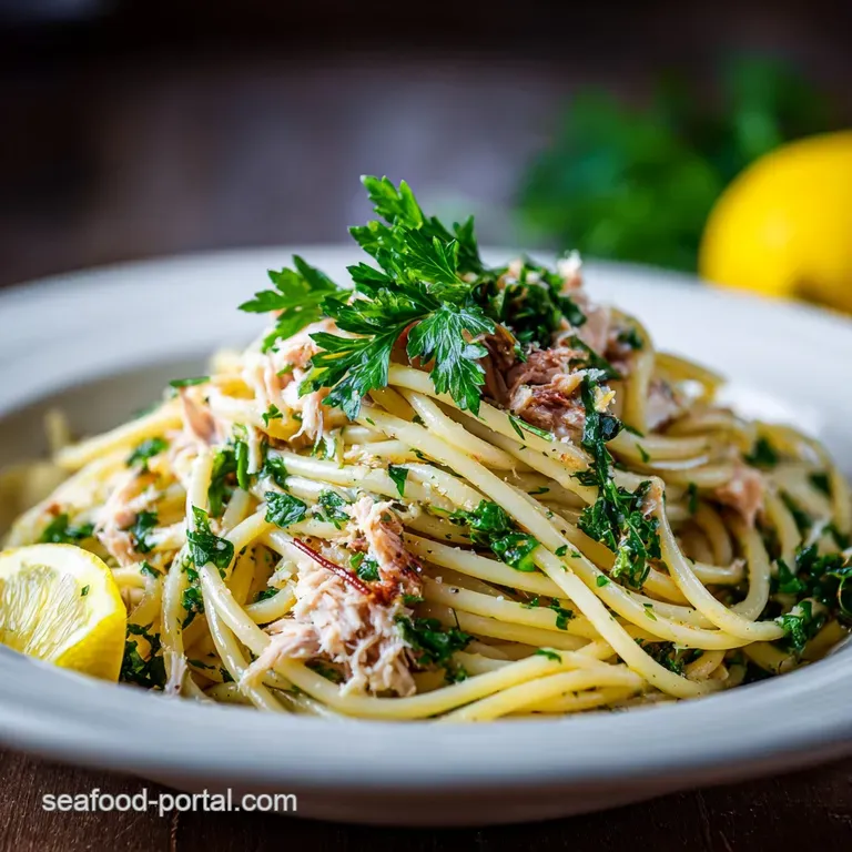 A bright, inviting tuna salad beautifully arranged on a white plate, garnished with lemon wedges and parsley sprigs for fr...