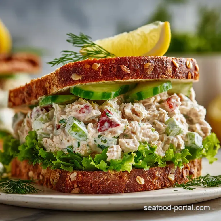 Stacked tuna salad sandwich halves on a white plate, dill pickle spear beside, showcasing layers of flaky tuna and fresh v...