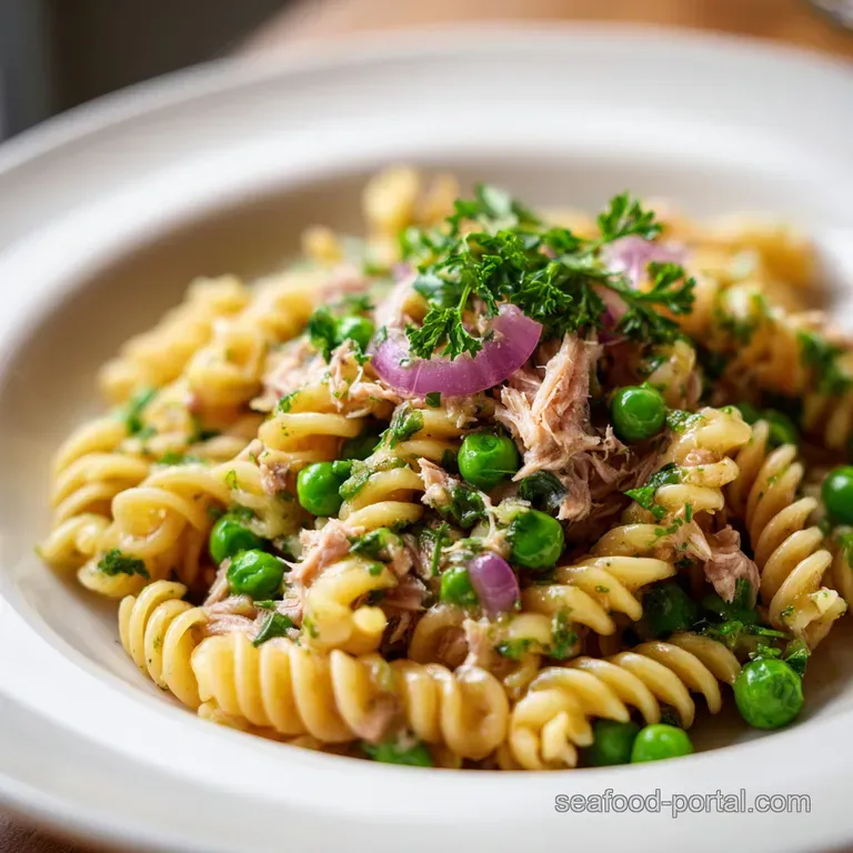 A chilled bowl of creamy pasta salad with colorful diced vegetables, garnished with a sprig of fresh green parsley.