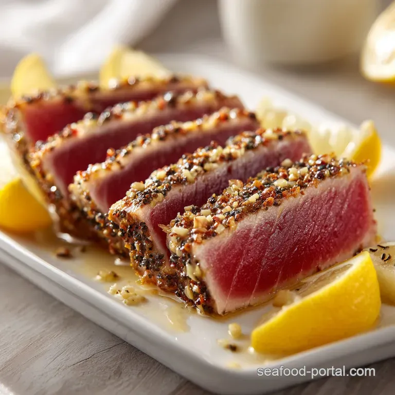 Perfectly seared tuna steak resting atop vibrant greens, with bright yellow lemon slices completing an elegant dish.