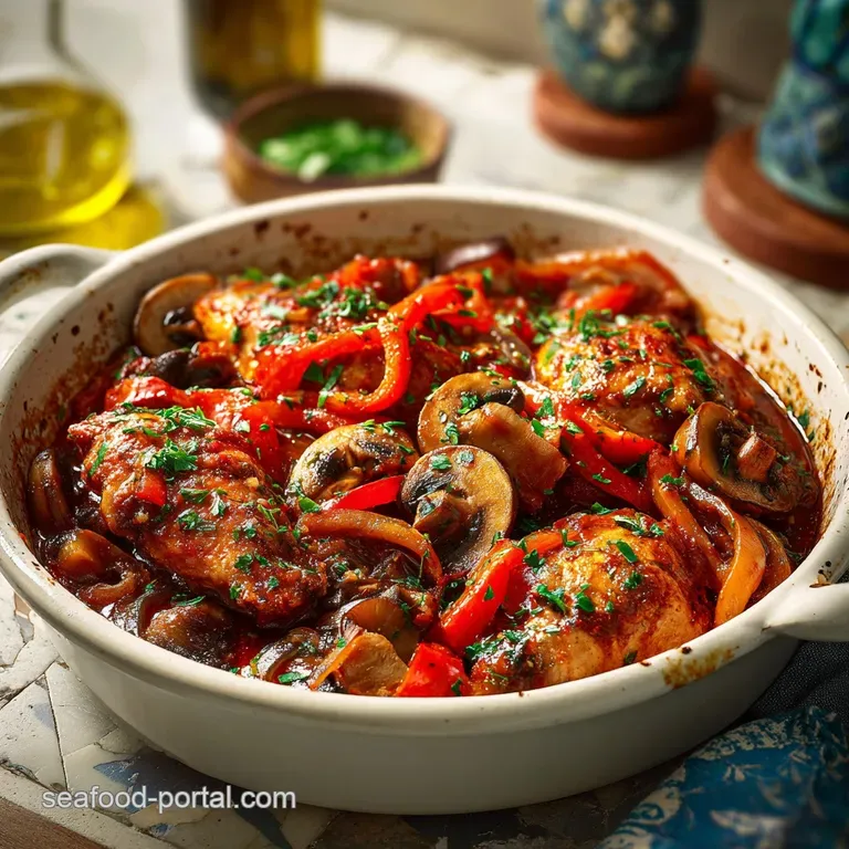 Elegant plate of tender turkey cacciatore; bell peppers and mushrooms glisten in the light. Garnished with fresh herbs. In...