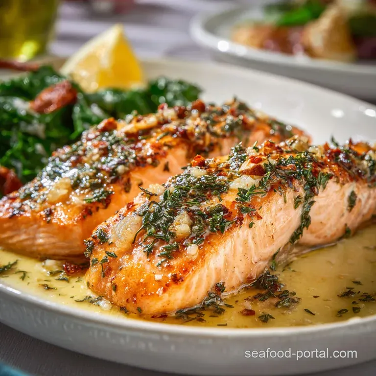 Perfectly plated salmon with a golden crust, drizzled in a creamy sauce, beside bright greens. An elegant and appetizing d...