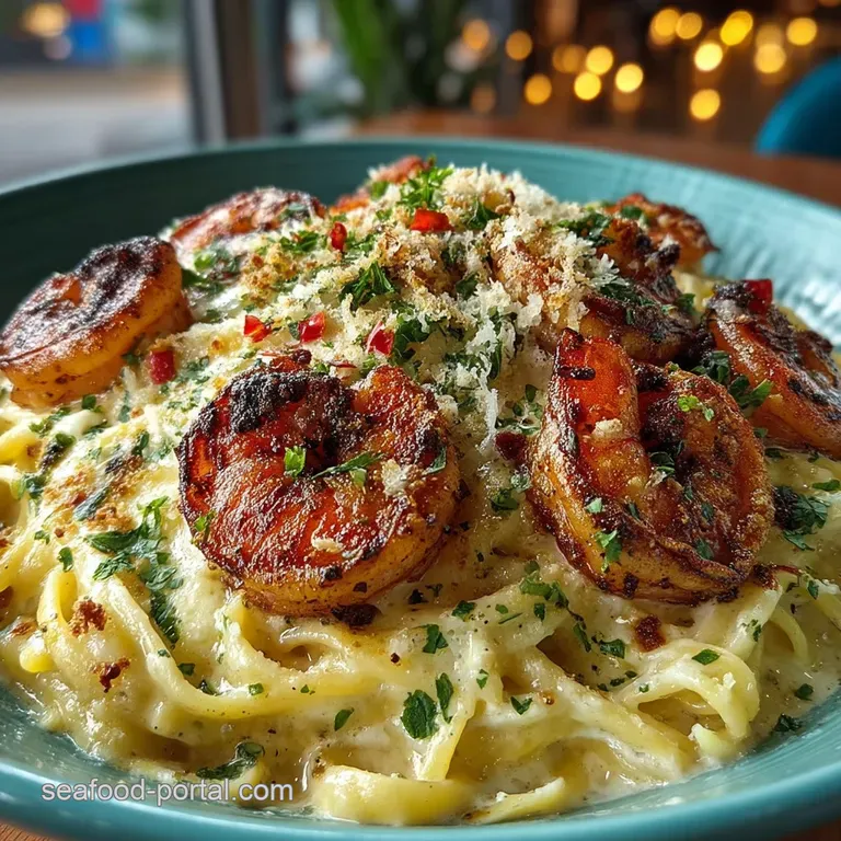 The Ultimate Shrimp Alfredo Rich Creamy Perfection with PanSeared Tiger Prawns presentation