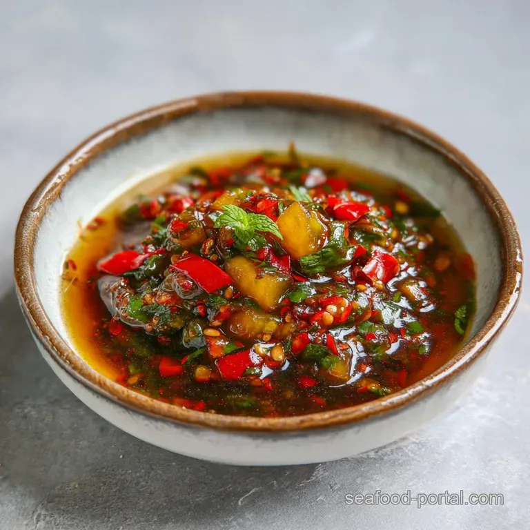 Elegant pour of amber-hued Vietnamese fish sauce, the light catching the vibrant red chilies and garlic within, on a white...