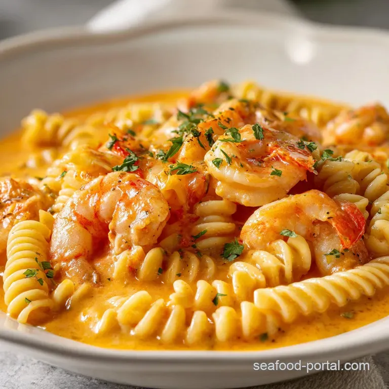Elegant plating: glossy lobster bisque pasta twirled on a white plate, topped with bright green herbs. A single lobster pi...