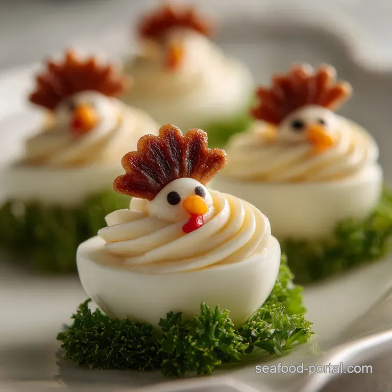 Vibrant platter of whimsical turkey deviled eggs; fluffy egg whites, creamy yolk filling, festive carrot details. A Thanks...