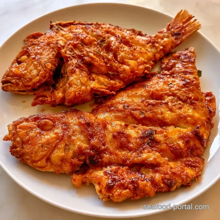 Whole seasoned fish with a crackling golden exterior and reddish hues, elegantly centered on a polished white plate.