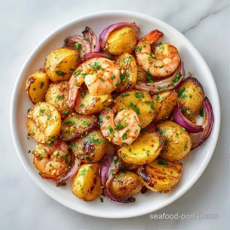 Saut&eacute;ed shrimp and golden potato chunks arranged on a white ceramic plate with a sprinkle of fresh green parsley.