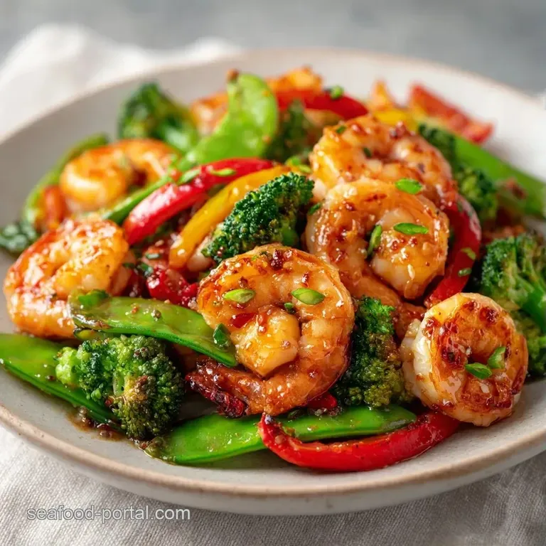 Glossy shrimp and colorful vegetables neatly piled on a white ceramic plate, garnished with sliced scallions.