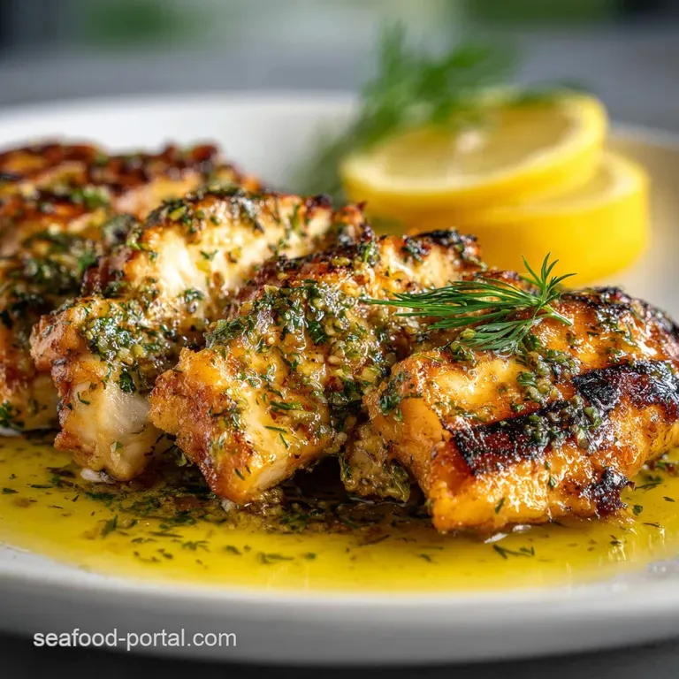 Grilled chicken glistening with a vibrant glaze, set on a bright white plate with fresh dill sprigs and lemon wedges, read...