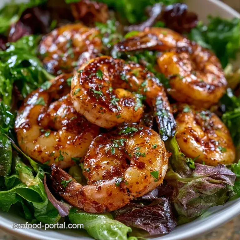 Vibrant shrimp and mixed greens arranged on a white ceramic platter with lemon slices and a drizzle of golden oil.