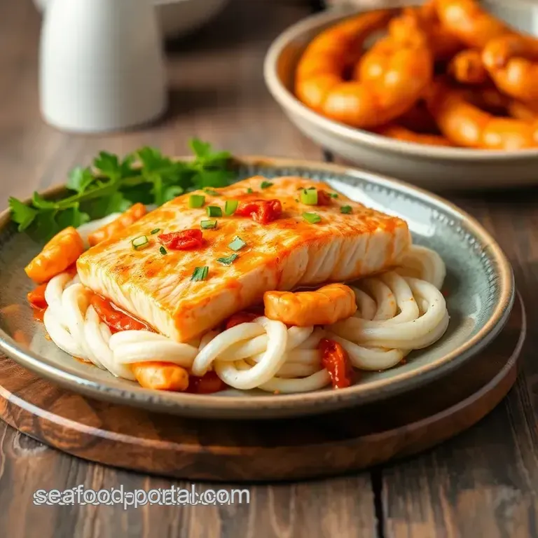 Sautéed Salmon with Spicy Chilli Prawns presentation